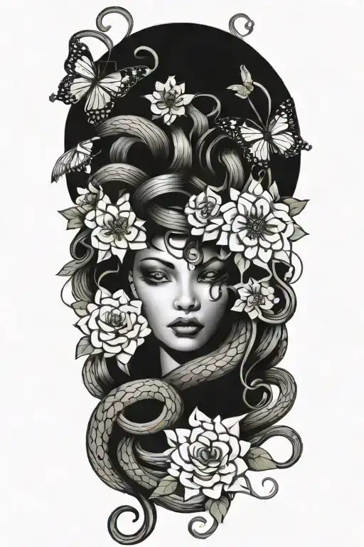 medusa with hair of snakes with flowers surrounding her and butterflies  tattoo design idea