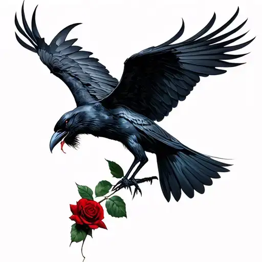 black lightning with a raven holding a rose with throns in its mouth while flying tattoo design idea