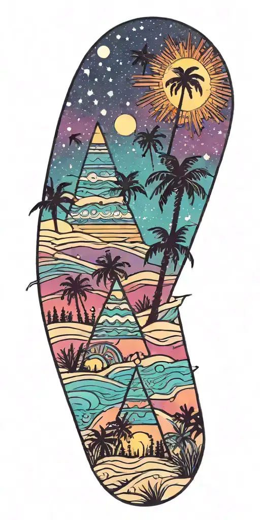 outer space, palm tree, galaxy, pyramid, shoal wintergreen dip can in the sand with a sunset tattoo design idea