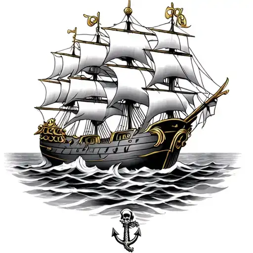 pirate ship, skeleton, gold, anchor, mermaid  tattoo design idea