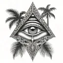 eye of horus with sacred geometry, a palm tree, and lightning  tattoo design idea
