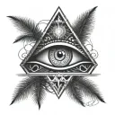 eye of horus with sacred geometry, a palm tree, and lightning  tattoo design idea