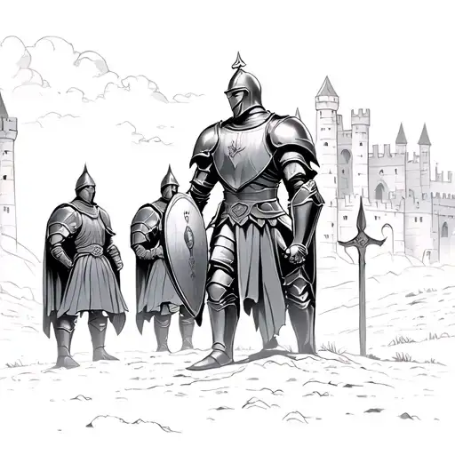 knight in armour and shield watching three knights with castle in background  tattoo design idea