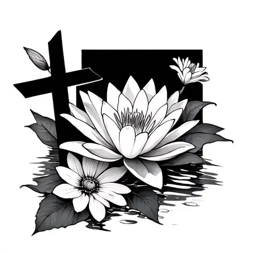 cross and water Lily and cosmos flowers tattoo design idea
