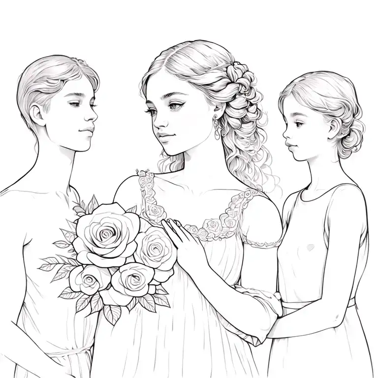 mother with 2 male children and 1 daughter woman with roses tattoo design idea