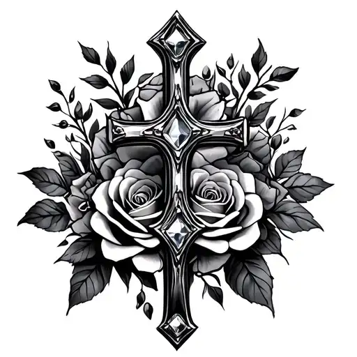 a cross with march birthstones and roses tattoo design idea