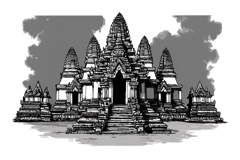 Ankgor Wat, front view, three towers. Middle tower is the biggest with the other two being smaller. Khmer style & decor tattoo design idea
