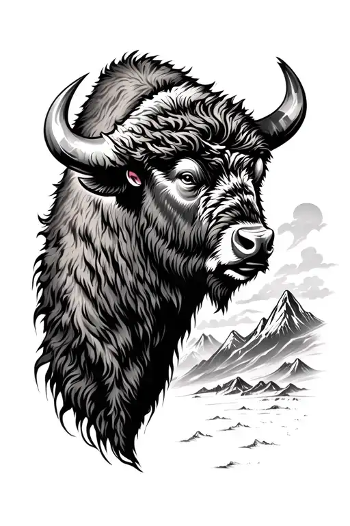 side profile of weathered bison head in black and grey filling most of the top of the forearm with mountains and storm c tattoo design idea