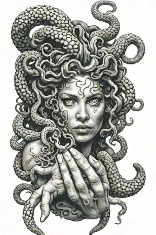 Medusa Gorgon with white eyes, evil for good' subtly, close-up on half of the hand tattoo design idea