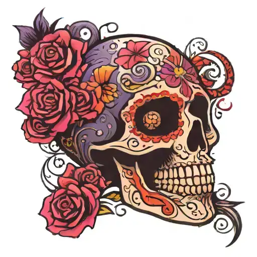 Black Dia de los muertos skull with designs in red, pink and purple tattoo design idea