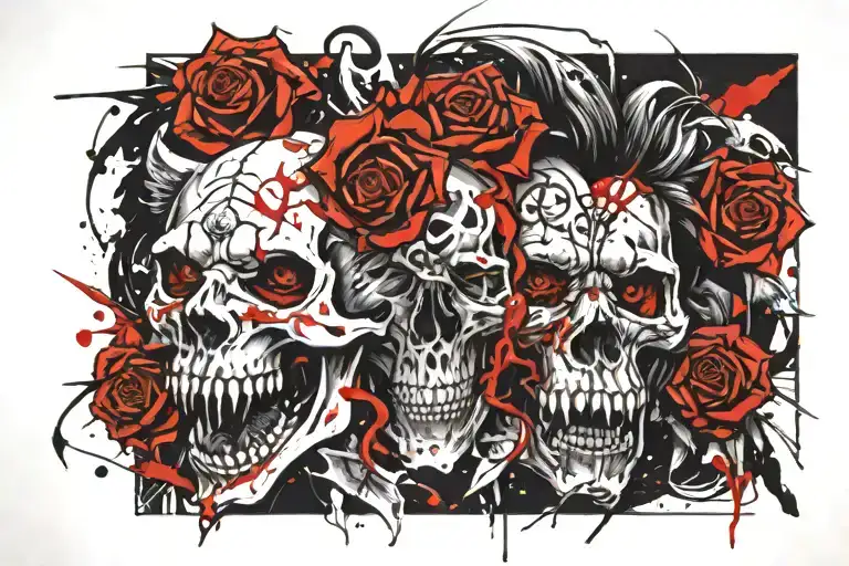 skull rose and lion roaring tattoo design idea