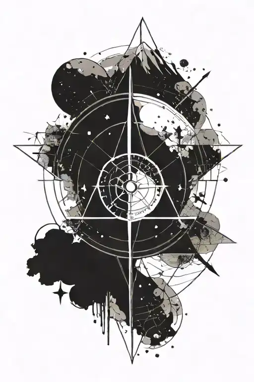 the earth is on top, the compass is in the middle and the arrow is pierced from below tattoo design idea