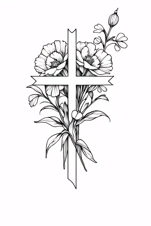 Fine line dainty cross, with flowers wrapped around it in a bouquet, the flowers are carnation and snowdrop, marigold an tattoo design idea