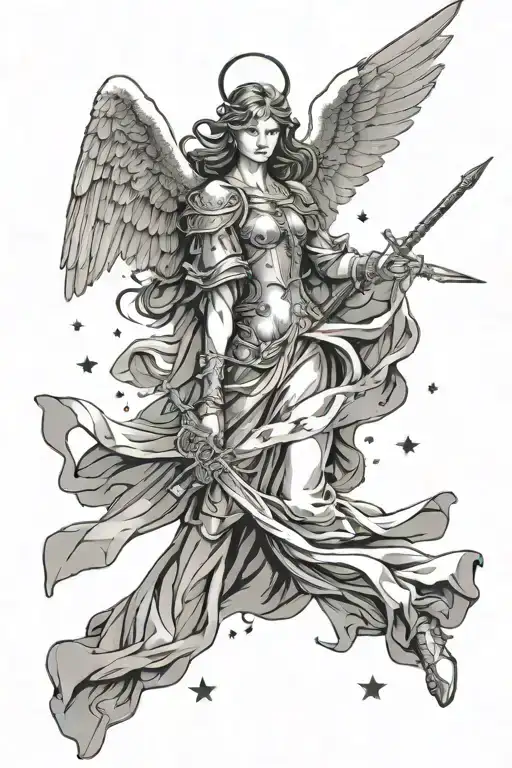 biblically accurate angel surrounded by stars and it has a sword pointing downwards  tattoo design idea