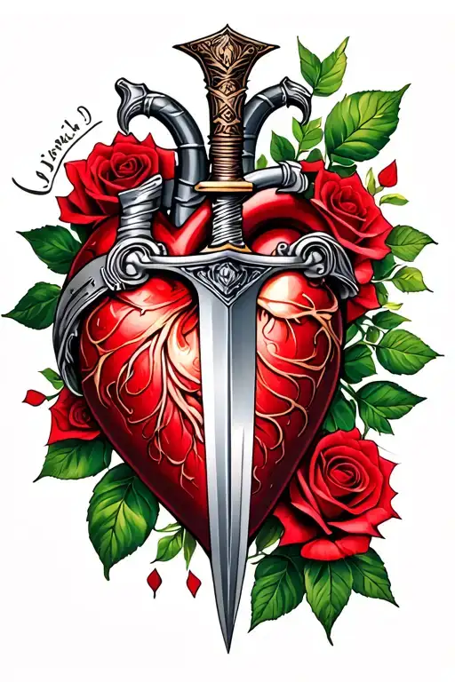 dagger through heart and roses wrapped tattoo design idea