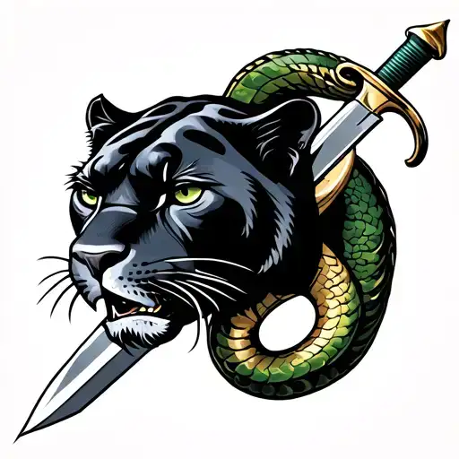 panther head with dagger going through its head and the handle is a cobra  tattoo design idea