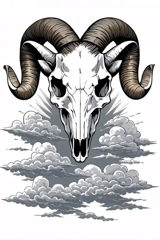 a ram skull with clouds in the background sun shining through them 1981 - 2022 in ths clouds tattoo design idea