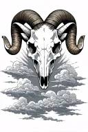 a ram skull with clouds in the background sun shining through them 1981 - 2022 in ths clouds tattoo design idea