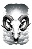 a ram skull with clouds in the background sun shining through them 1981 - 2022 in ths clouds tattoo design idea