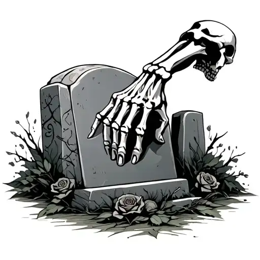 skeleton hand reaching for headstone tattoo design idea