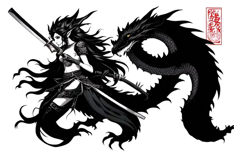 Elf woman, samurai, katana, embraced with a dragon tattoo design idea