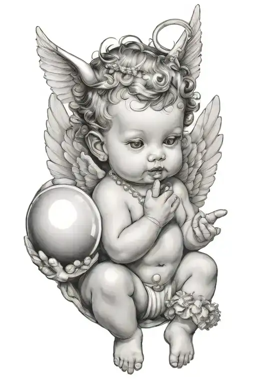 A baby angel with two horns above her head ,holding a diamond a shell which has a pearl in it  tattoo design idea