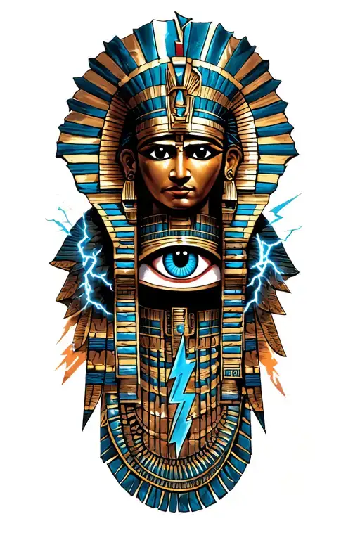 A Fusion Of Egyptian Symbolism, Featuring mayan God and All Seeing Eye and lightning bolt and rume tattoo design idea