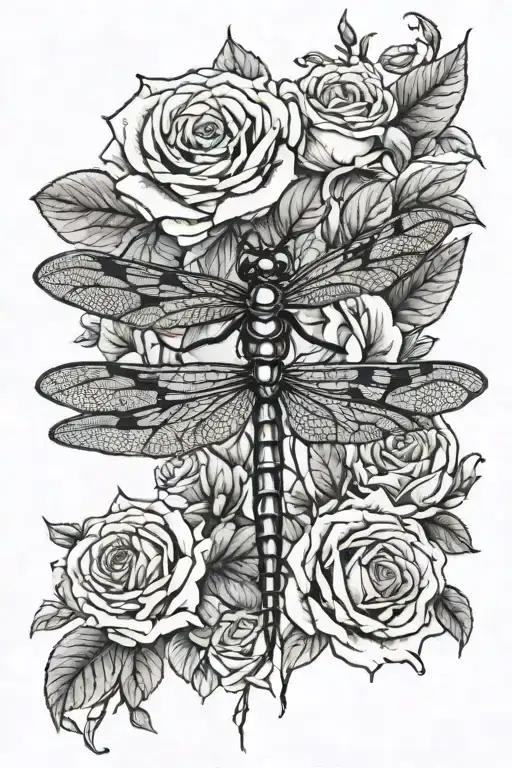 one dragonfly, roses  tattoo design idea