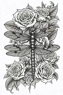 one dragonfly, roses  tattoo design idea