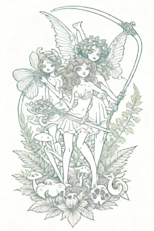 sparkling tiny fairies holding a scythe and animal bones, ferns and mushrooms.  tattoo design idea