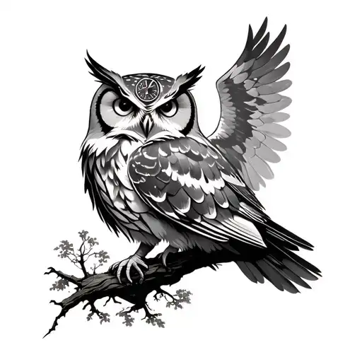 an owl tattoo with open wings, a realistic image with part of the forest, trees, night sky, clock on the forearm tattoo design idea