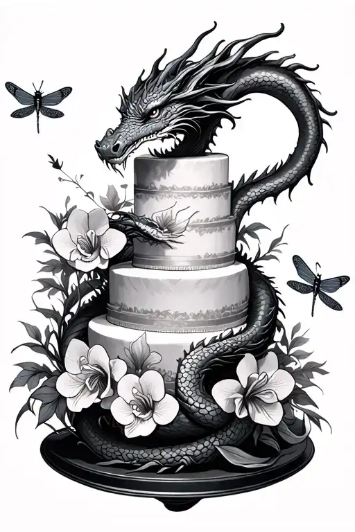 A dragon wrapped around a towering cake, with orchids and dragonflies flying around it tattoo design idea