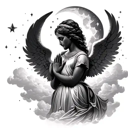 Generate an  african American angel praying tattoo sleeve and a wanning crescent moon and, cloud stars in the background tattoo design idea