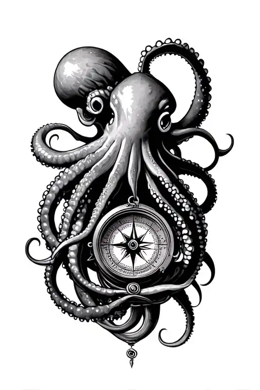 squid wrapping its tentacles around a compass tattoo design idea