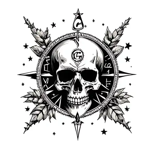 negative masonnic tattoo with skull, stars, compass and acacia full black tattoo design idea