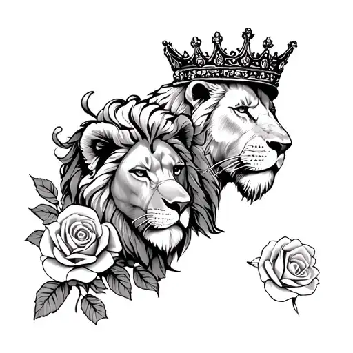 roses and a crown and a lion  tattoo design idea