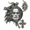 Euronymous face, 45 degree side with a little church burning on his head and a reverses cross necklace  tattoo design idea