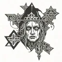 Euronymous face, 45 degree side with a little church burning on his head and a reverses cross necklace  tattoo design idea