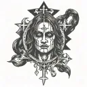 Euronymous face, 45 degree side with a little church burning on his head and a reverses cross necklace  tattoo design idea