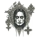 Euronymous face, 45 degree side with a little church burning on his head and a reverses cross necklace  tattoo design idea