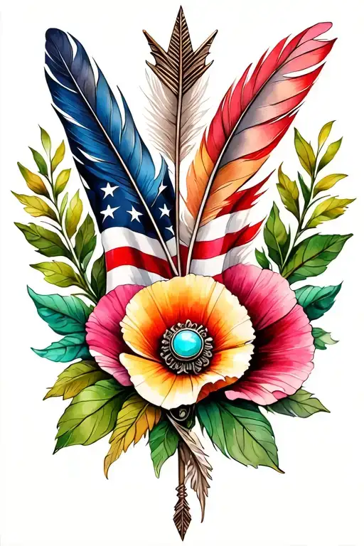 colorful feathers on top and bottom, american flag, poppy flowers, green leaves, western turquoise brooch,   with arrow  tattoo design idea