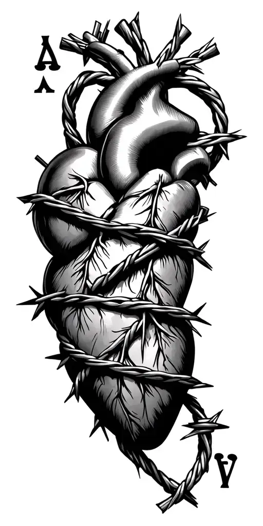 ace of spades, human heart tied in barbed wire wrapped around it, western tattoo design idea