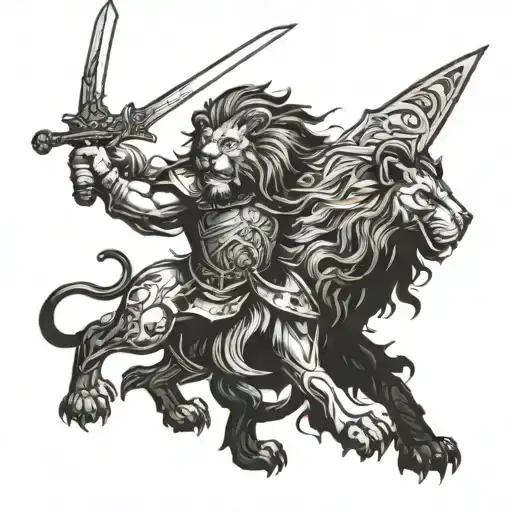 lion and a warrior wielding a sword tattoo design idea