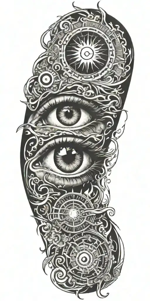 eye and fire,sun. electricity, florida psycedelic tattoo design idea