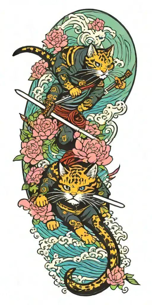 ninja cat surfing on a katana sword, tail, water, waves, lotus, sakura, clouds, whirlpool, leaves, peony tattoo design idea