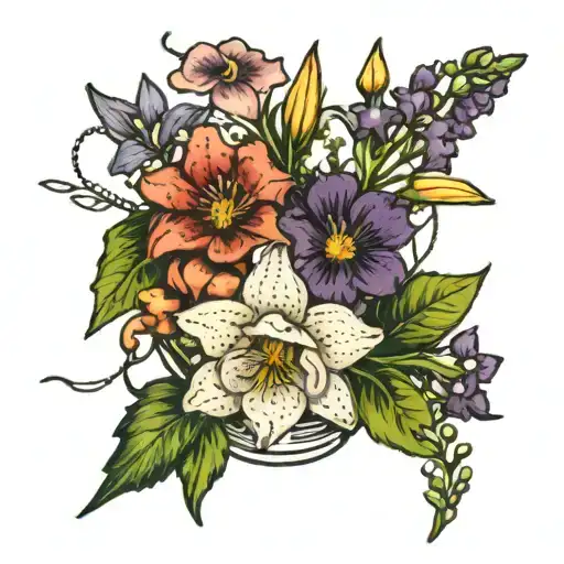 mixed bouquet of violets, daffodils, poppy flower, aster flower, and lily of the valley with barbed wire in it tattoo design idea