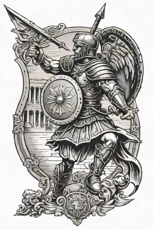 Roman soldier with coliseum in background battling with arrows in his shield tattoo design idea