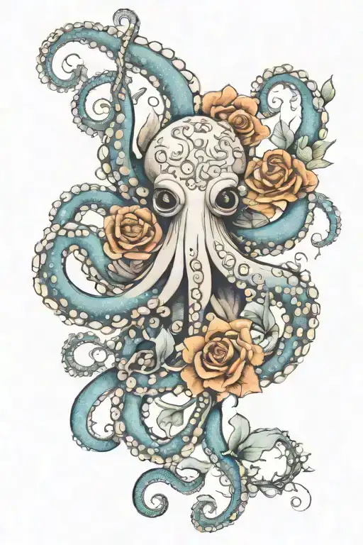 octopus, snowdrop, rose,  marigold flower tattoo design idea