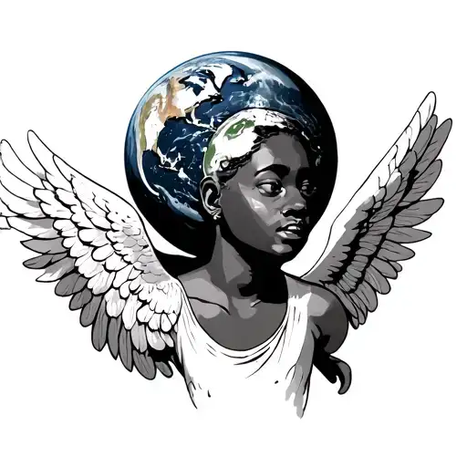 an african american angel holding earth above her head. tattoo design idea