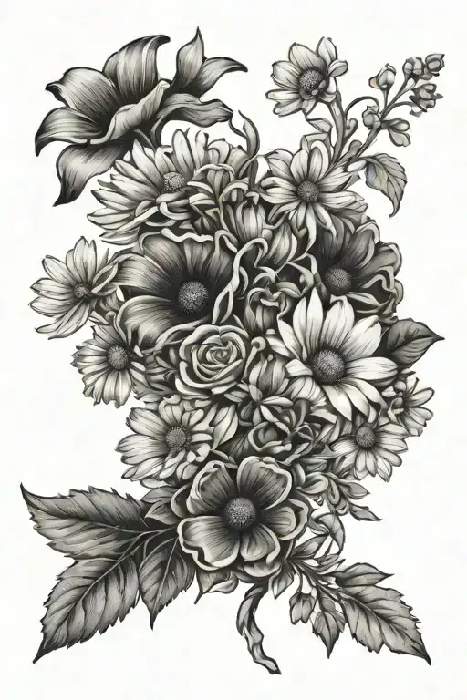 mourning glory and daisy bouquet tattoo design idea